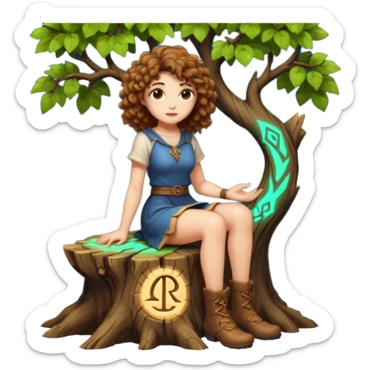 full body woman short curly brown mullet hair brown eyes white skin sitting on tree stump carving glowing rune sticker