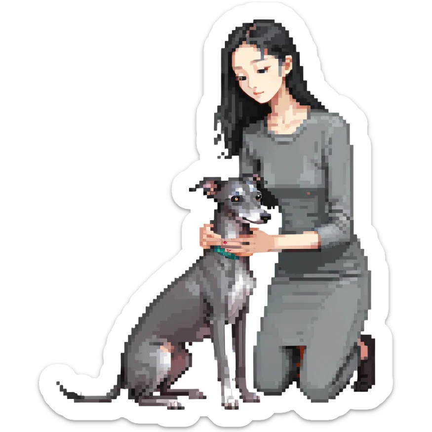 Slim Chinese girl with long black hair petting a dark grey Italian greyhound with a visible grey chest, no white markings anywhere sticker