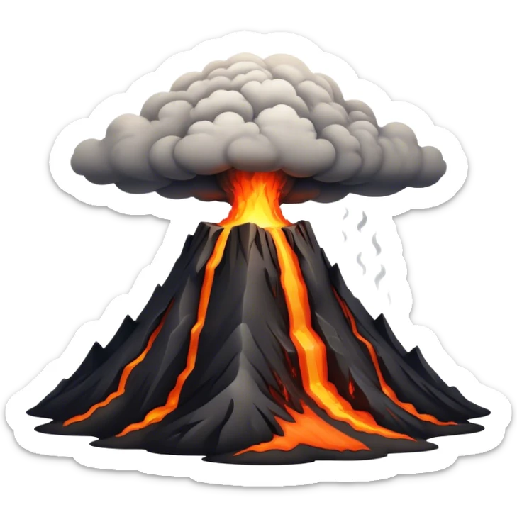 Cinematic Realistic Volcano Emoji, Powerful and awe-inspiring, with molten lava flowing from its jagged, smoking peak, casting an orange glow in the surrounding darkness. The landscape around it is barren and rocky, with clouds of ash rising into the sky. Soft glowing outline, capturing the essence of raw power and fiery energy in a towering volcano. sticker