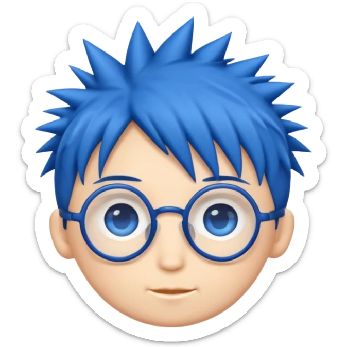 emoji style illustration of a chibi head inspired by
1,
big blue eyes, round glasses,
spiky dark blue hair,
cute flat emoji style,
simple clean lines,
white background,
high quality,
only head, no body sticker
