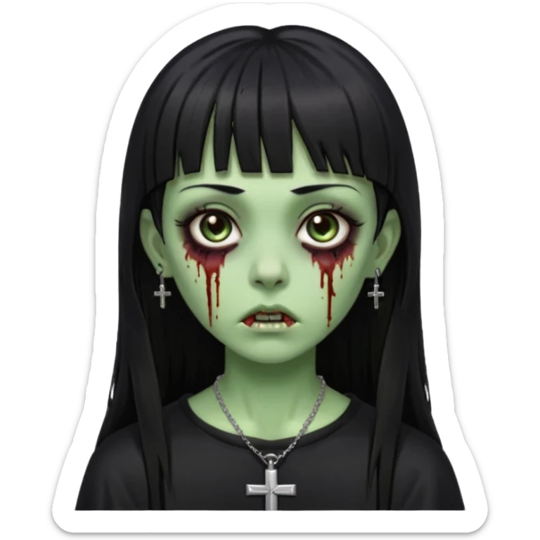Zumbi verde com olhos castanhos aspecto de que tá sangrando, uma franja reta com cabelo preto um piercing do lado esquerdo do nariz, roupa preta e crucifixo como colar, e também delineador sticker