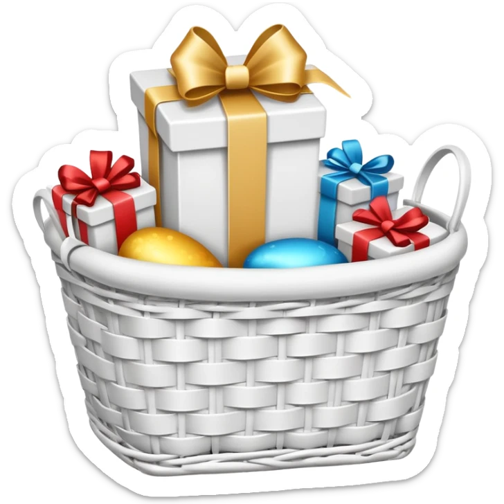  white small gift basket with small gifts inside and only 3 gifts the gifts colors white and no color sticker