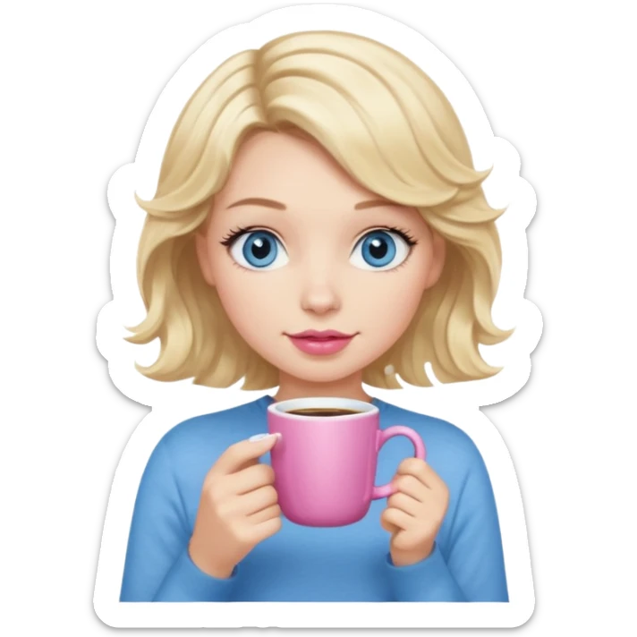 Girl Blonde short wavy hair,  blue eyes, cute blue top, long lashes, pink lips, holding white hot coffee mug sticker