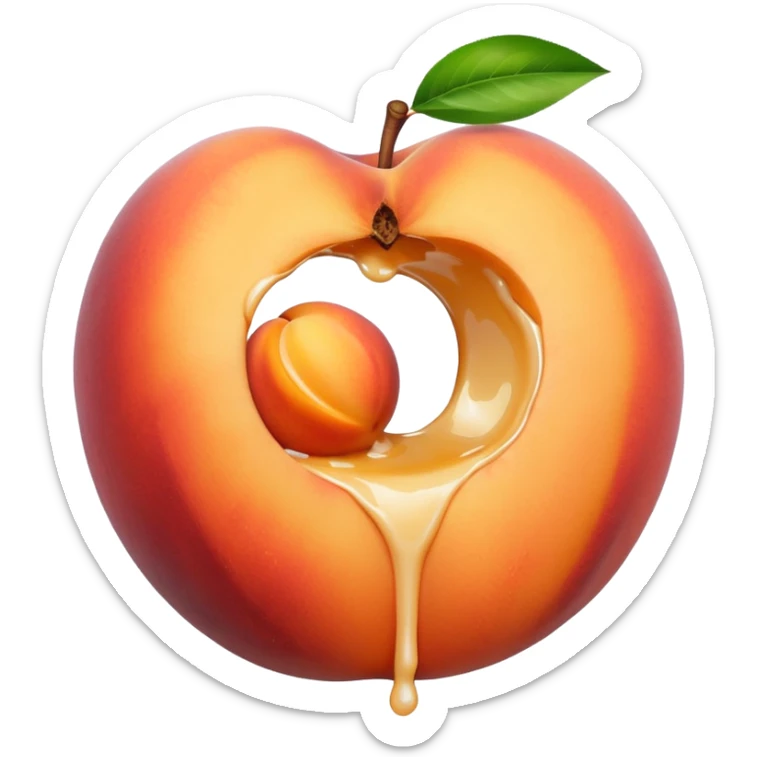 big hole in the middle of a peach. milk is leaking out of the hole sticker