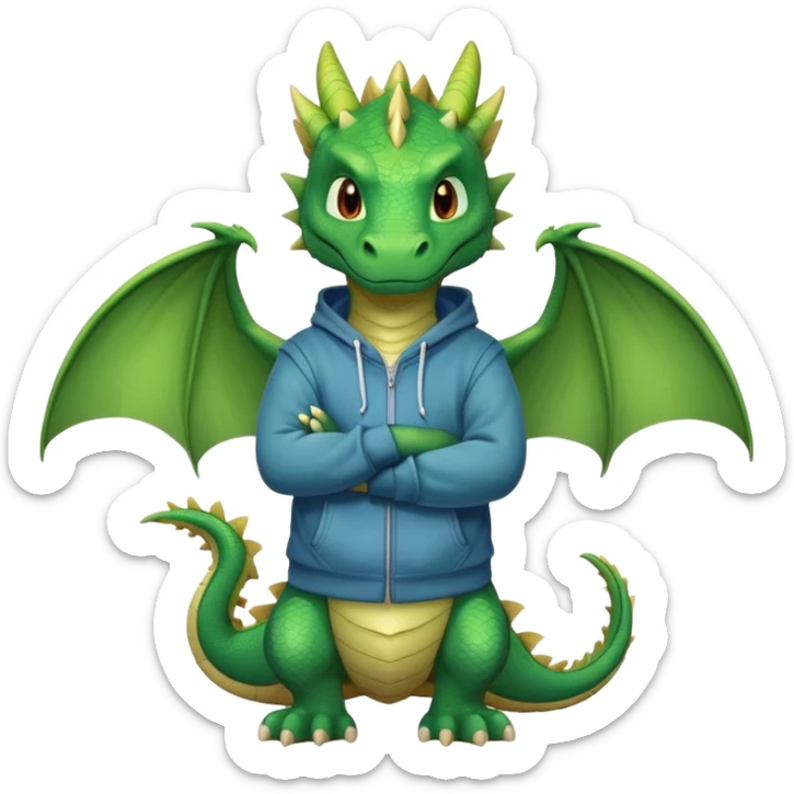 friendly anthropomorphised green dragon in a hoodie and jeans standing upright with arms folded sticker