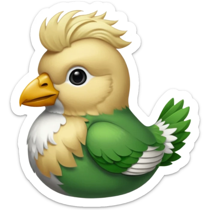 un oiseau classique de profil tout vert même sa tête  et un seul poil blond qui fait une petite bouclette sur le front avec le collier argenté avec des ronds attachés au collier est autour du coup de l’oiseau entre la tête et le corps sticker