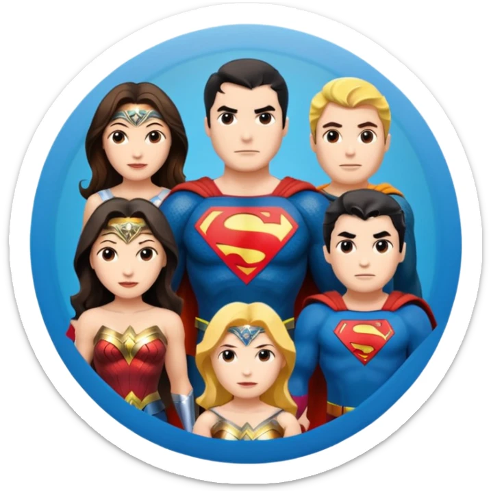 Justice League Flash, Wonder Woman, Superman, Aquaman, and Batman standing in a circle in emoji style sticker