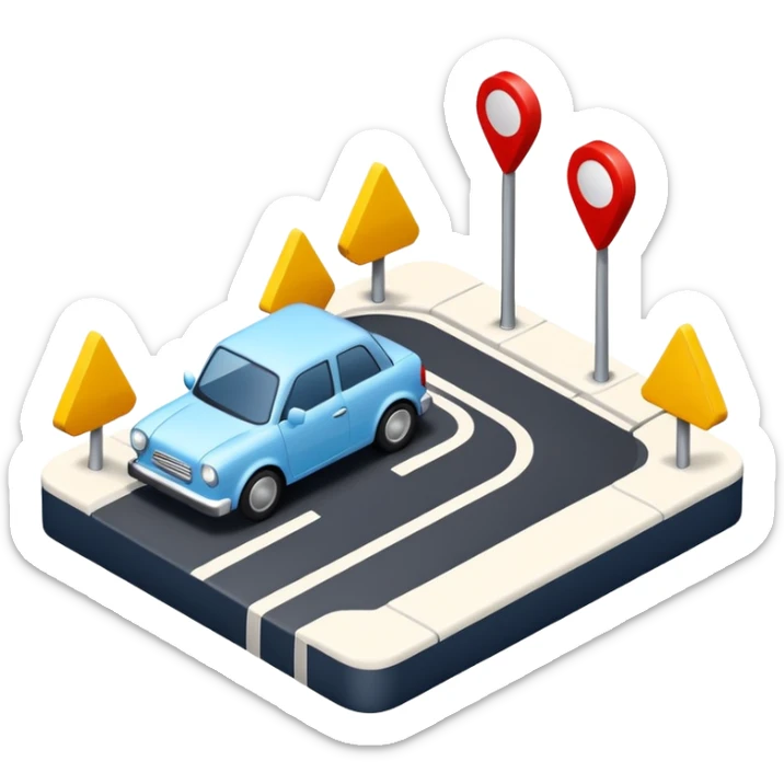 
A 3D minimal icon showing a street route to a destination, with a blue road, white and black vehicles, and small red accents for alerts. The style is clean, minimal 3D, with a transparent background. sticker