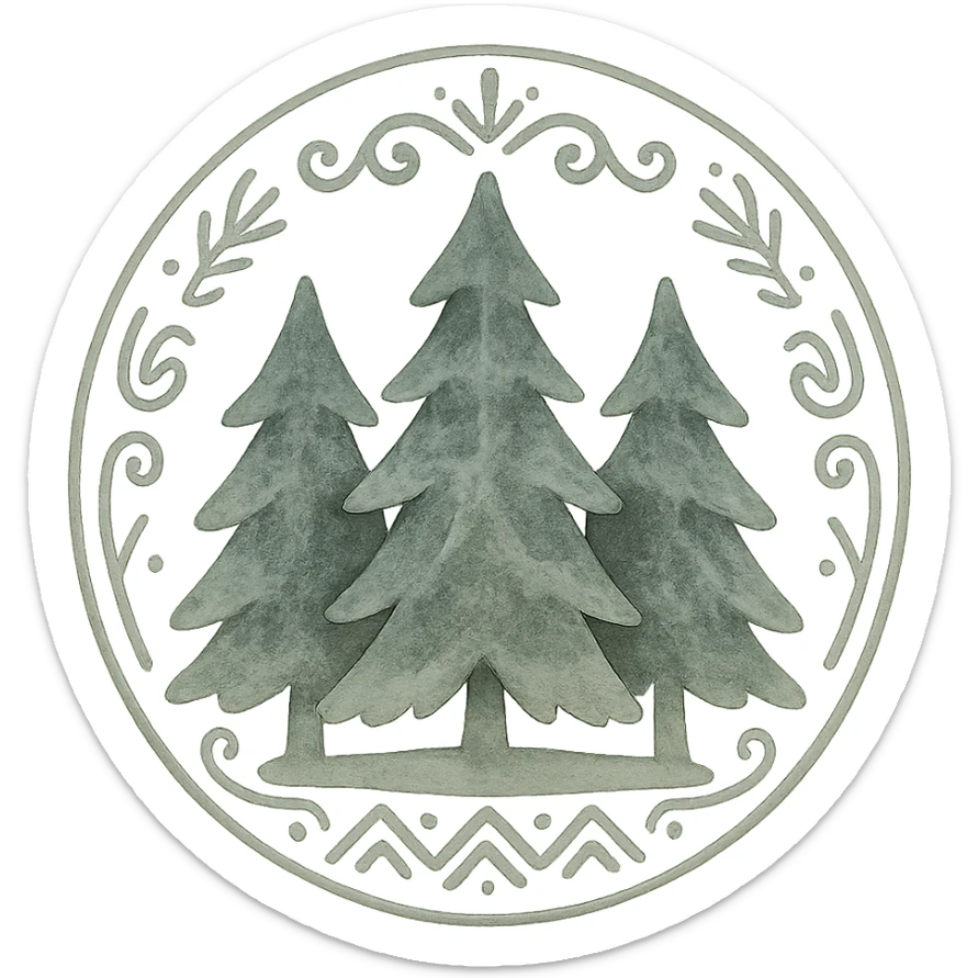 logo illustration of evergreen trees in Slavic folk art style, dark neutral forest color tones, watercolor texture with outlines, suitable for favicon sticker