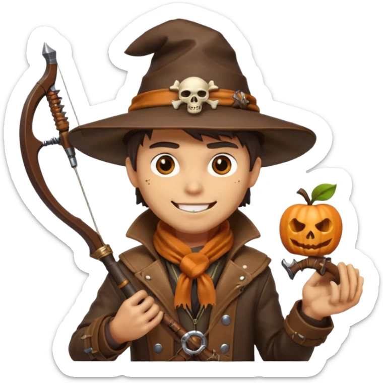 male human monster hunter emoji, wearing brown leather coat and wide hat, holding crossbow, with amulet shaped like skull, Halloween fantasy theme, confident smile, orange scarf, Apple emoji style, clean white background, square image sticker