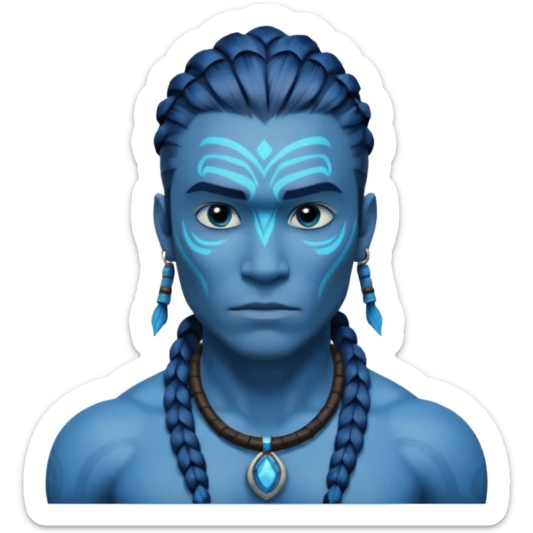 avatar-style Na’vi male portrait, head and shoulders only, blue skin, bioluminescent markings, strong face features, braided hair, tribal necklace, heroic expression, 3D cartoon, mobile game icon style, clean background, no text, no watermark
 sticker