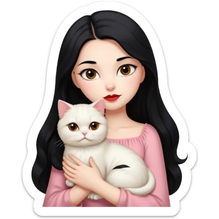 Beautiful Girl Long Hair black, Brows Big , Skin White, Dress Pale Pink , Big Red Lips, EyesCoffe , Hug Little baby Persa Cream Cat With Cute Eyes sticker