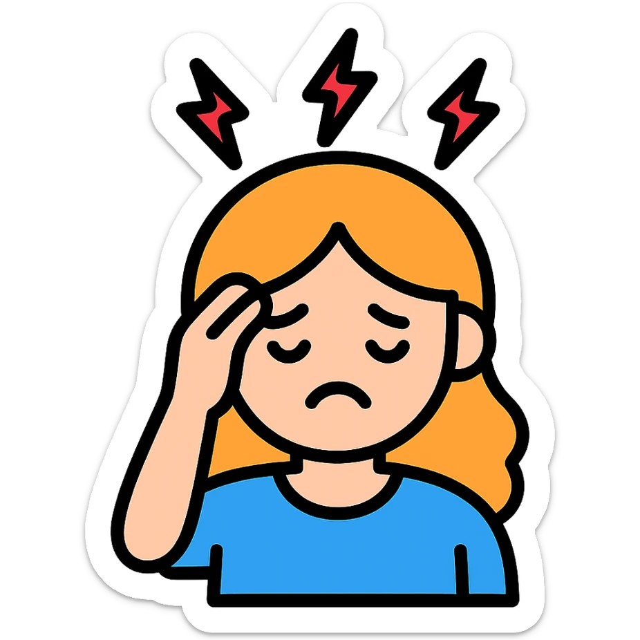 color outline icon of a sad girl with headache, hand on head sticker