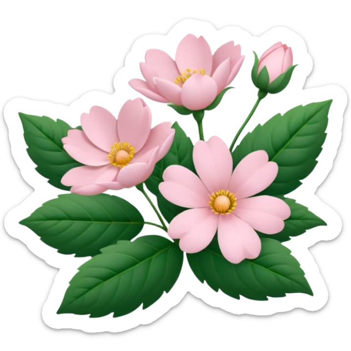 Aesthetic flowers and plants growing from the ground in colours of soft pink matching the deep green leaves (to describe/match with the word flourish) sticker