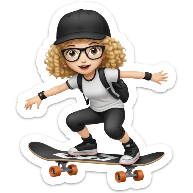 ["An excited girl with light skin, curly hair, wearing a baseball cap and square glasses, dressed in goth fashion, is skateboarding while holding a camera."] Pixal sticker