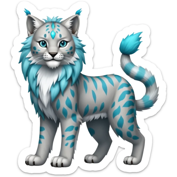 Silvery-grey and cyan Fairy-type Bobcat-Lynx-Lion-Fakémon full body sticker