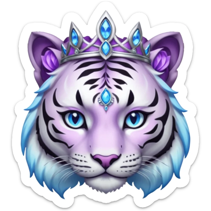 ESO Female white/black tiger khajiit leader of the umbral rose, glowing blue eyes, glowing blue 'third eye' gem; beautiful desined purple gemmed silver tiara sticker