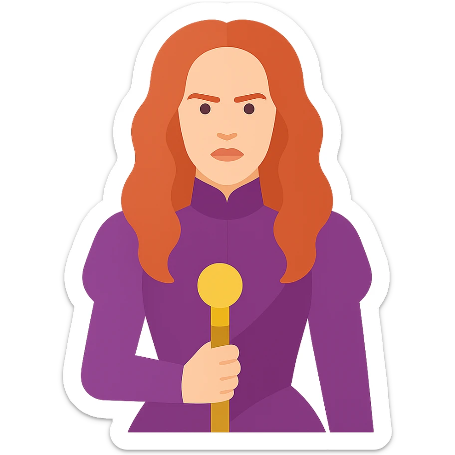 Wilhemina Venable (Sarah Paulson) in royal purple Victorian style, beautiful and luminous but terrifying, holding a gold cane sticker