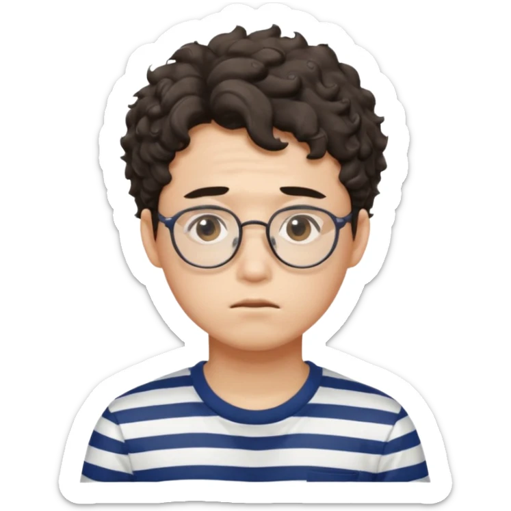  Korean male college student with a worried face , glasses with a bit curly hair, stripe t-shirt sticker