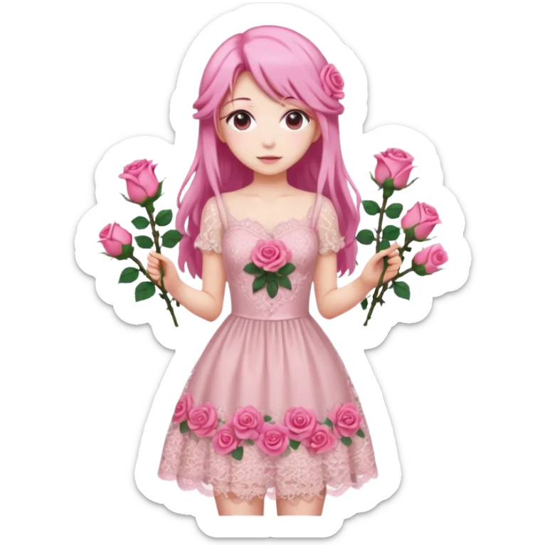 pastel anime woman with pink roses lace dress full body sticker