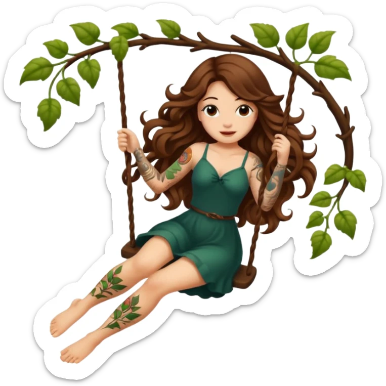 ccute woman long wavy brown hair tattoos swinging on vine sticker