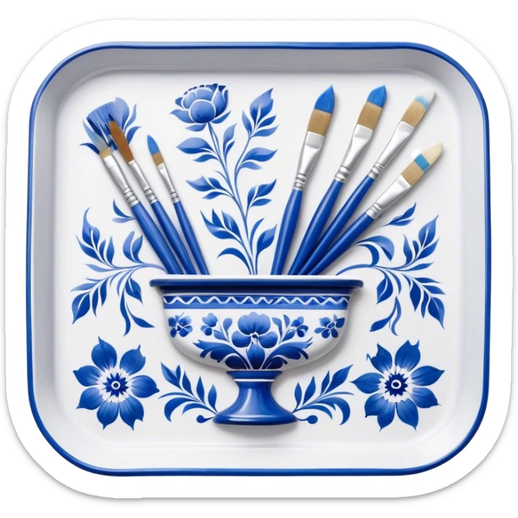 Gzhel-style metal painting icon, hand-painted Gzhel-style metal tray with intricate blue and white floral patterns, visible paintbrush and paint pots, metal surface in the process of being painted, no finished artwork, just the painting process, minimalistic style, clean lines, transparent background. sticker