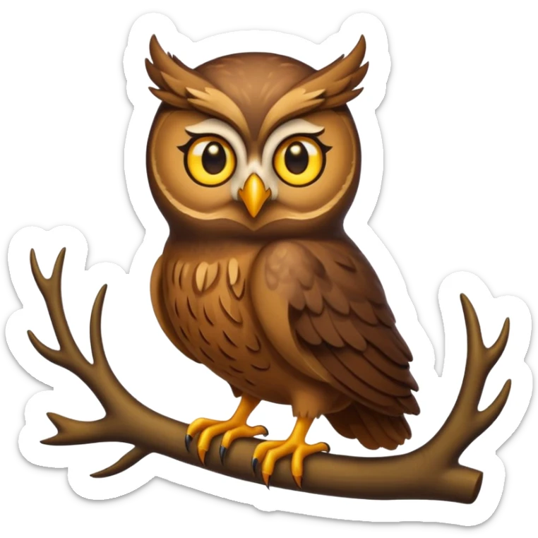 Emoji chouette  brun clair, yeux jaunes brillants, bec recourbé, sagesse et puissance, perchée sur un cerf sticker