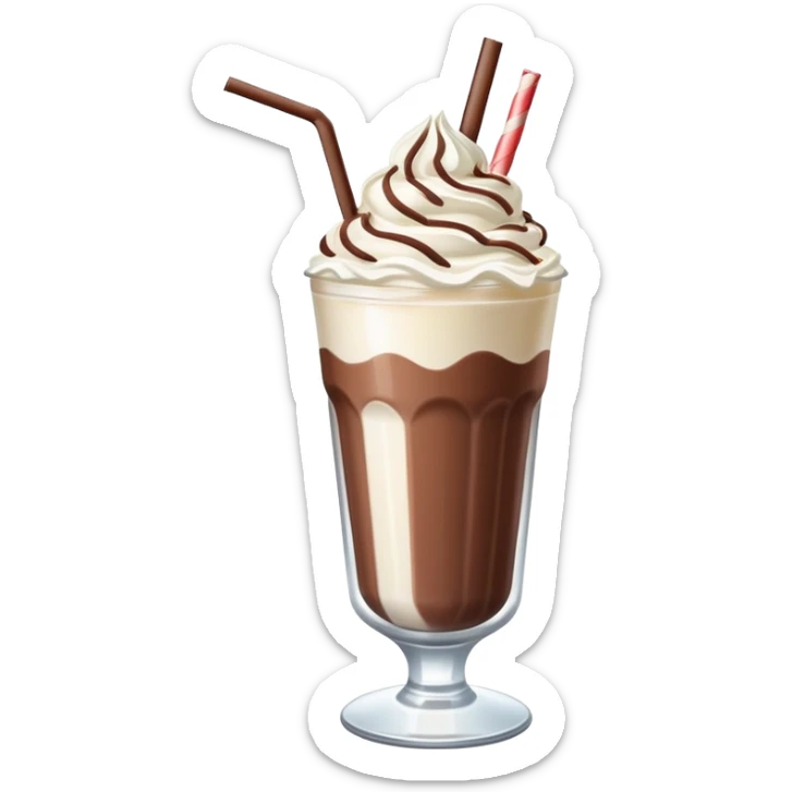 A thick, creamy milkshake in a tall glass with whipped cream on top and a straw sticker
