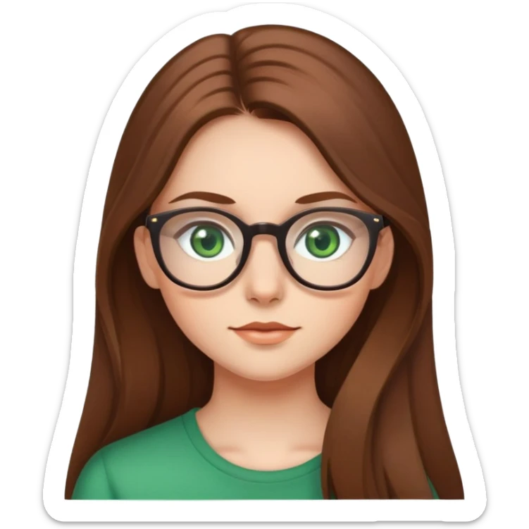 A girl with long brown hair, glasses and green eyes sticker