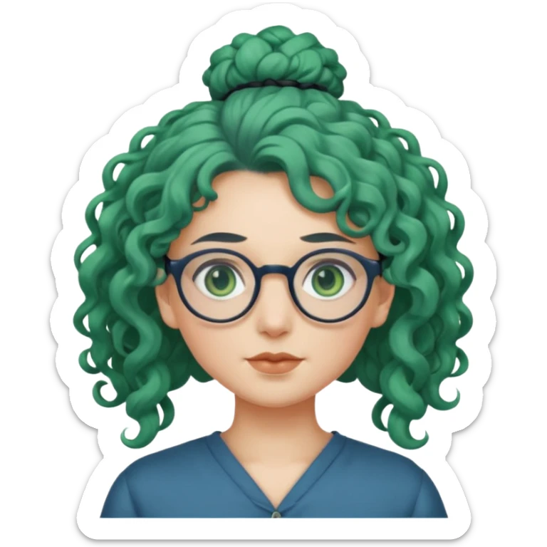 cabelo encaracolado longo, azul, óculos, olhos verdes, raça branca, penteado topo cabeça sticker