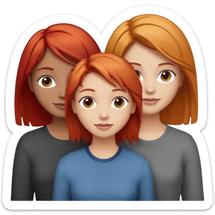 Can you create an image of 3 friends together one with red bright hair light skin one the other with brown hair with some blonde highlights in the hair fair skin the last one with light brown a tint of orange hair and dark brown hair sticker