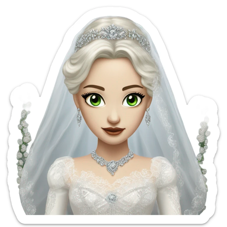 Hyper Realistic ornate ballgown long sleeve Wedding dress with diamanté on Russian bride with pale skin and green eyes and long black hair with veil and diamond jewelry hyper realistic  sticker