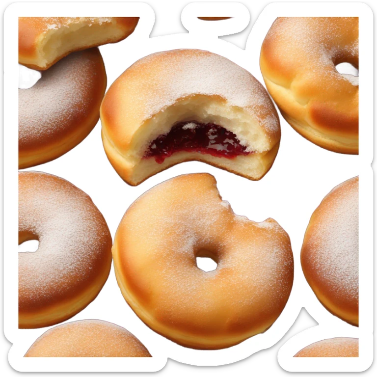 Pączki with powdered sugar on top and a bite taken out showing red filling sticker