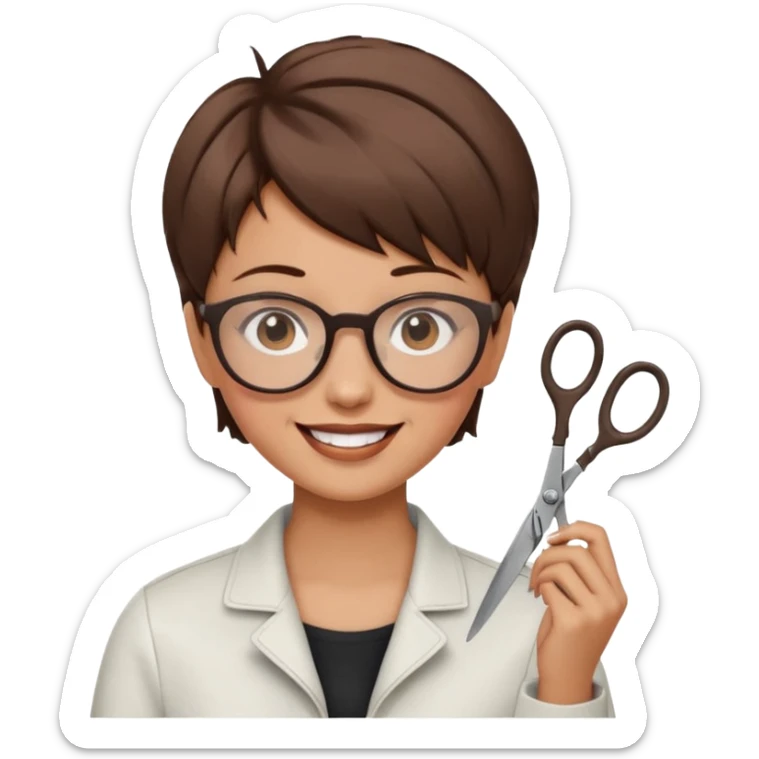Happy woman with very short hair and glasses having haircut  with scissorsemoji sticker