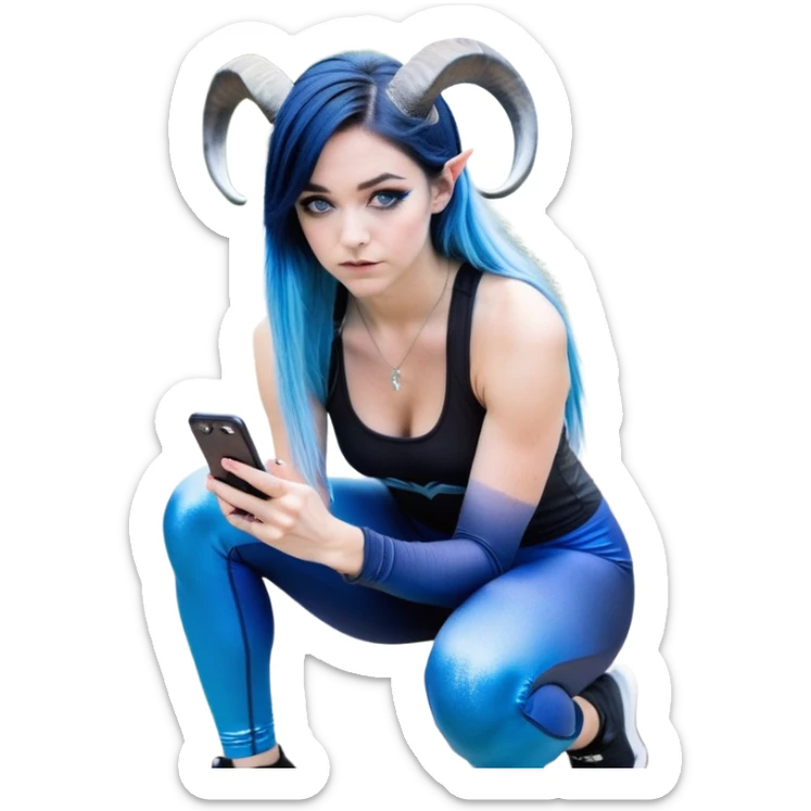 Disapponted-big tears-head back texting on phone-very very large upper body-sexy face-bending forward at waist-very long very straight dark blue to light blue ombre hair-and-blue eyes-thick black eyeliner-cute goat horns-iridescent blue lowcut tanktop with black leggings with glitter superman logo sticker