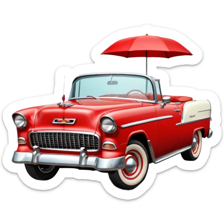 1955 Chevrolet Bel Air Convertible, Red-White color, with a bucket of brown mud pouring down on it. 32x32 pixels, aspect ratio: 1:1 sticker