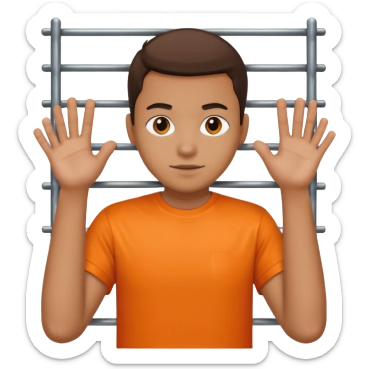 prisoner with orange shirt, many metal bars in front of him and he touches the bars sticker
