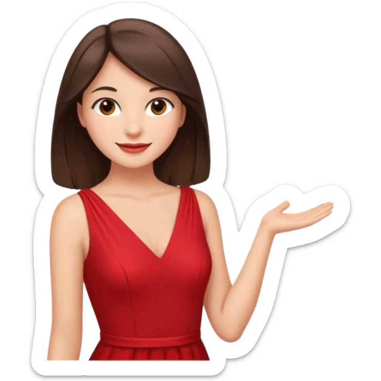 Cartoon emoji of a young brunette woman with fair-medium skin, brown eyes, wearing a red outfit. Full-height, standing confidently in a red dress  posing sexy with a smile and relaxed posture. Smooth, friendly, stylized, make up on, flirty eyes and smile in a sexy position  sticker