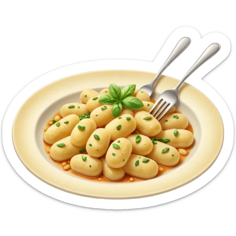 Gnocchi Cinematic Realistic Gnocchi Dish Emoji, depicted as tender oblong potato gnocchi garnished with iconic fork marks on top, rendered with soft textures and warm, inviting lighting. sticker