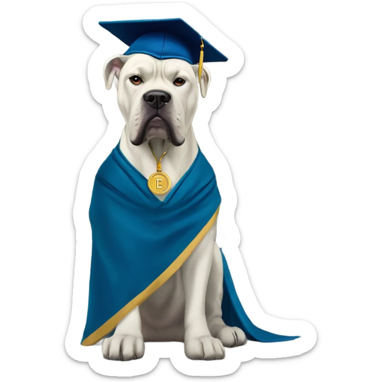 White and gold Cane Corso with glasses and cap and gown in front of the University. sticker