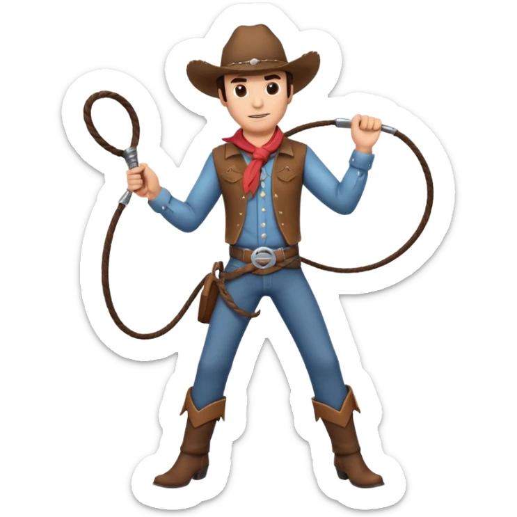 cowboy man holding a whip, dynamic pose, western outfit, adventure vibe, 3D cartoon, mobile game icon style, clean background, no text, no watermark
 sticker