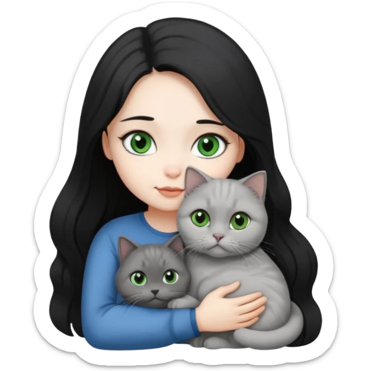 Black long hair, white skin, black eyes, pretty girl is hugging a gray Scottish fold green-eyed cat white blue-eyed cat

 sticker