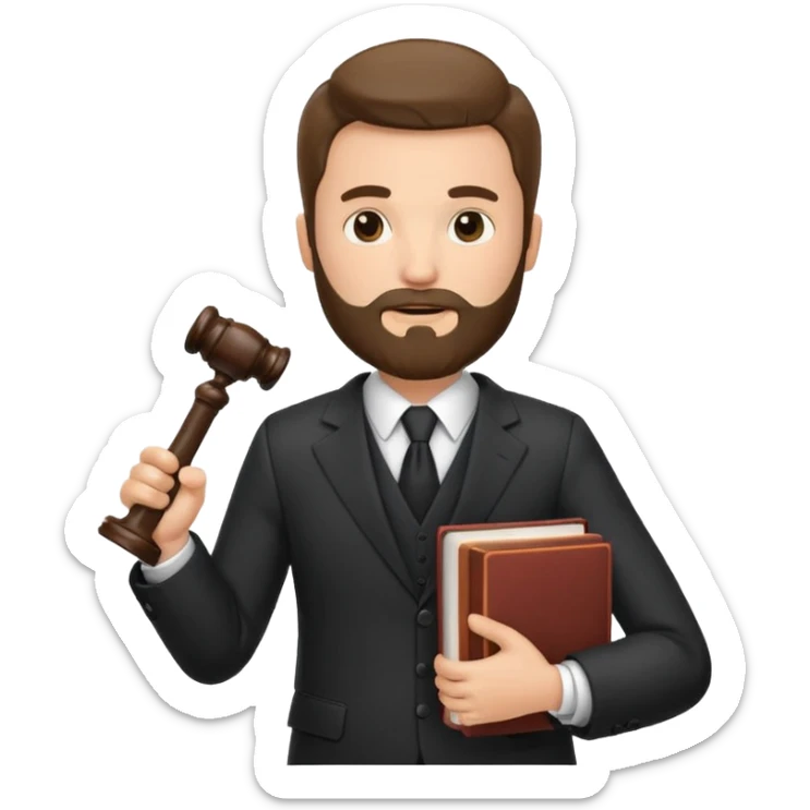 Create a male lawyer. he is wearing a fromal suit jckeret. He is holding a gavel in one hand and a book tucked under his another arm. He has beard  sticker