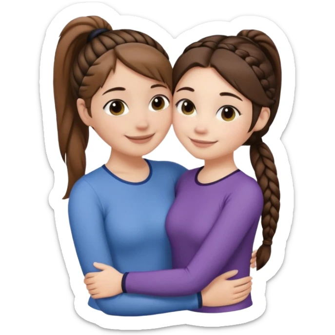 Comforting Hug two white skin women, one shorter woman with medium brown simple top ponytail, not braided, and one taller woman with a single long black side braid sticker