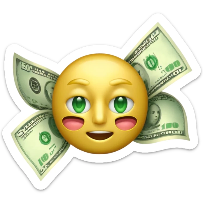 3D glossy money emoji, dollar-sign eyes, cash flying out of mouth, seamless loop, centered, transparent background sticker
