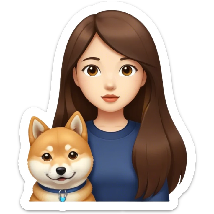 Really girl long dark brown hair with shiba inu sticker