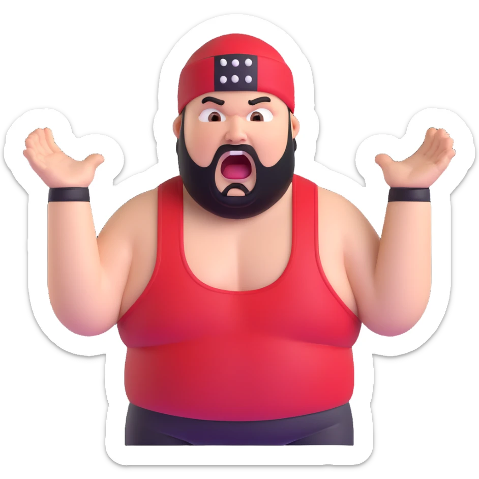 Extreme close-up of face of morbidly obese white skin guy with young face, prominent BLACK DURAG tied clearly on head, black beard but no mustache, clean shaven upper lip, black eyes in a red and black wrestling singlet with mouth wide open screaming angrily sticker