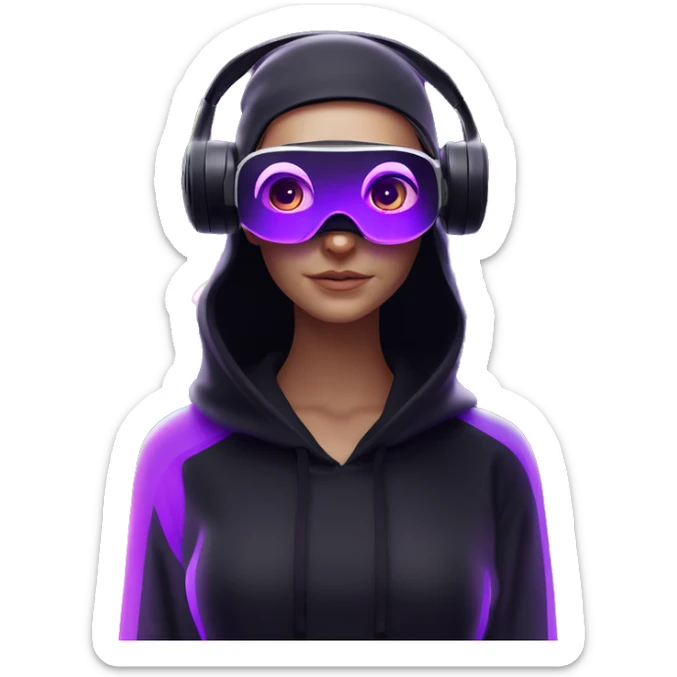 Russian girl wearing black hoody with violet letters "OMG", in vr headset oculus quest2. Standing like jedi. Cyberpunk style. Violet neon. sticker