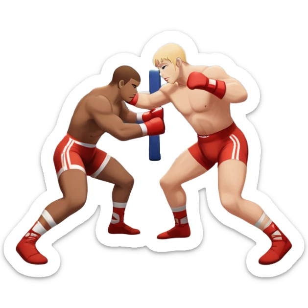 An icon depicting two wrestlers in a grappling stance on the mat, engaged in a fierce combat. One fighter attempts a takedown, while the other resists. The background shows a wrestling arena with bright lights and spectators around the edge of the ring. Transparent background  sticker