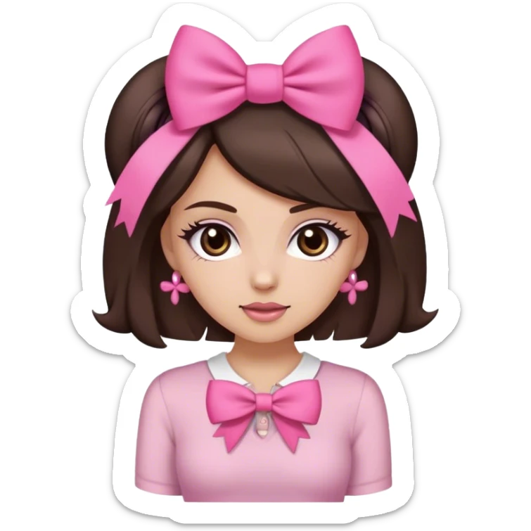 create a white girl but not too white medium tone with dark brown hair and dark brown eyes with flirty clothes and a bow in her hair the bow is pink but not too big  sticker